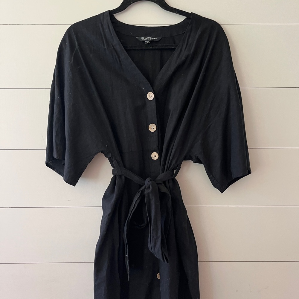 Velvet Heart. Never been worn. Black linen dress. Button down with tie. Medium.
